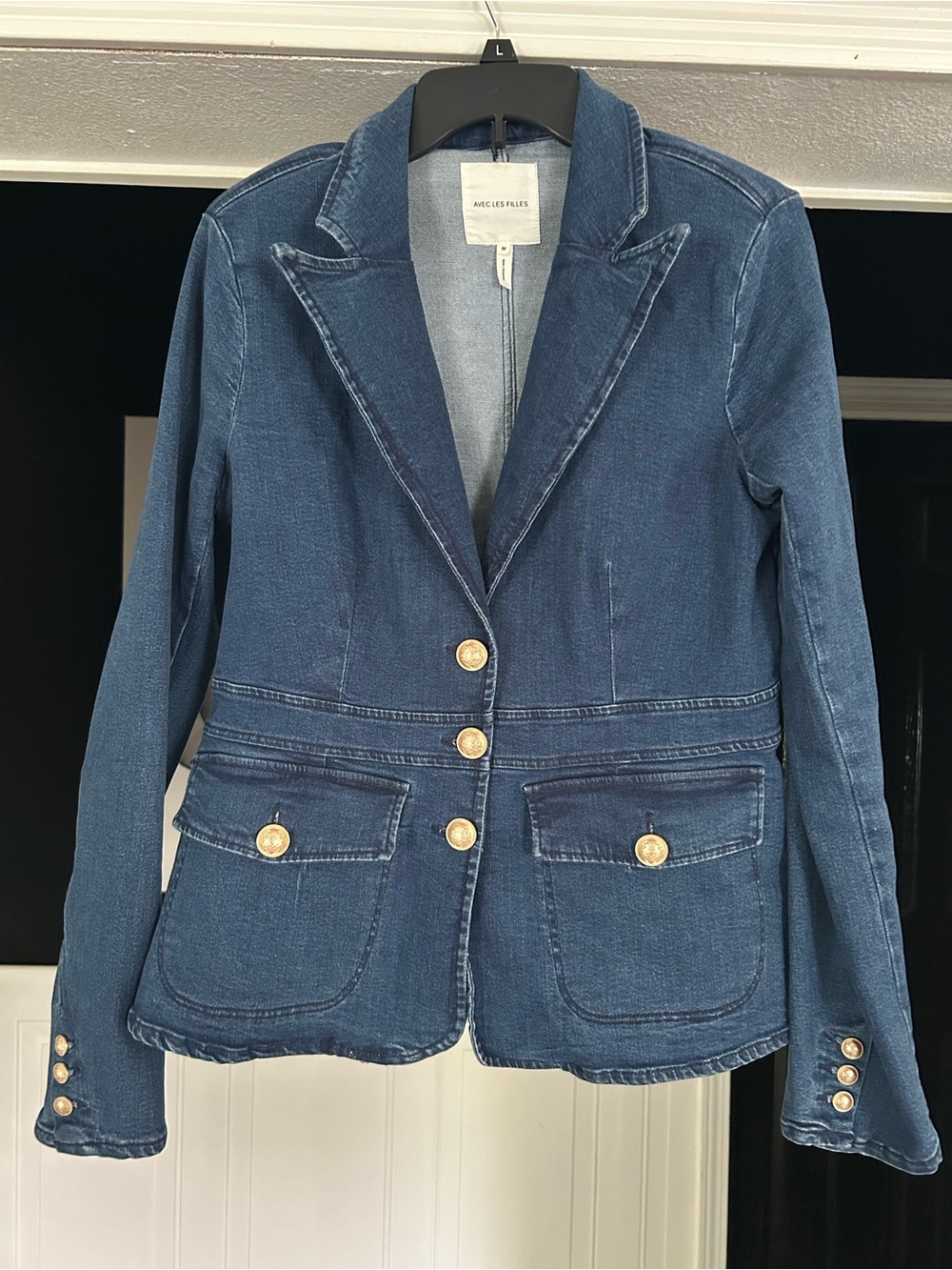 Avec Les Filles Dark Blue Denim Blazer with Gold Buttons